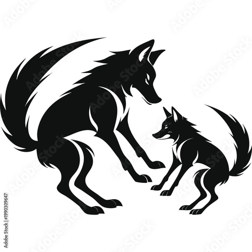 Adult wolf and cub playing silhouette design