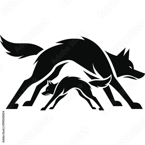 Wolf and cub play silhouettes icon, wild animal interaction design