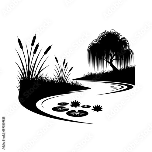 Black and white illustration of a tranquil pond with reeds and willow tree