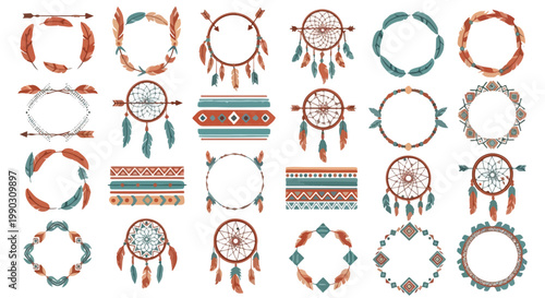 Collection of various tribal-inspired frames, borders, and dreamcatchers featuring feathers, arrows, and geometric patterns.