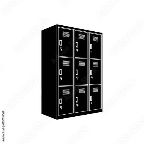 A black and white illustration of a school locker with ten doors