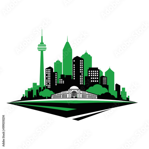 Stylized cityscape featuring the CN Tower and Toronto skyline in green