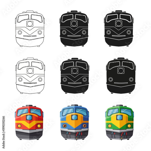 Multiple depictions of a diesel locomotive in various colors and styles