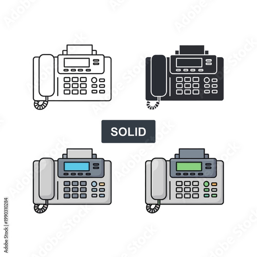 Four depictions of fax machines in varying styles and color schemes