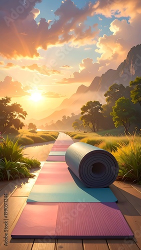 A serene outdoor yoga setting with colorful mats and a sunrise