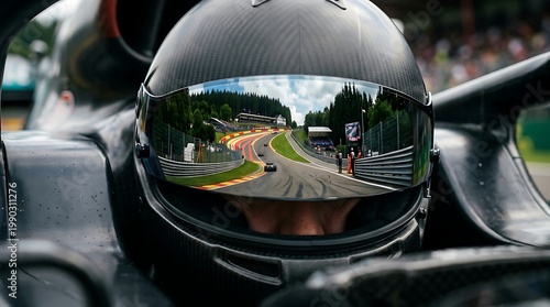 Captivating reflection of a dynamic race track and speeding cars on a professional driver's helmet visor, capturing the essence of high-speed motorsport