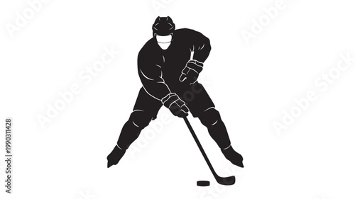 Hockey player icon with black uniform holding hockey stick for sports team branding illustration featuring athlete, goalie, protective gloves with