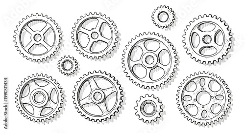 A collection of hand-drawn mechanical gears and cogs showcasing intricate engineering and complex system design.
