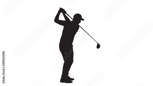 Golfer silhouette holding a golf club with swing pose, black vector sports icon on blank background featuring putting, tee shot, minimalist design