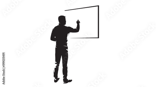 Man silhouette pointing at screen during presentation with clean vector style and minimal outline background