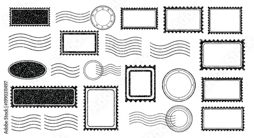 Collection of distressed vintage postage stamp frames and postmarks featuring grunge texture for creative design projects