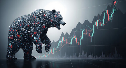 A bear made of stock market data roars in front of a rising graph chart