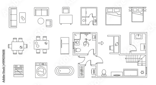 Collection of Architectural Floor Plan Symbols and Layouts.