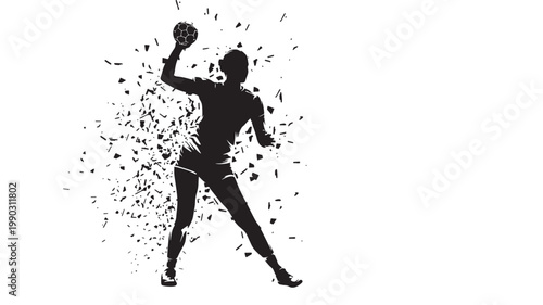 Soccer player silhouette kicking ball with dynamic splash of confetti like debris, sporty action graphic on white background