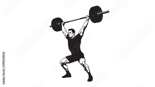 Barbell lifter silhouette with weightlifting barbell on white background, strong athletic stance vector style illustration