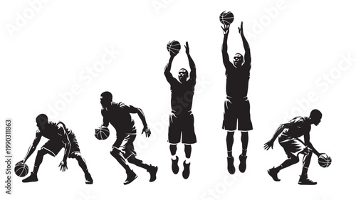 Basketball player silhouettes set showing dribbling, passing, shooting, and leaping poses in black on white