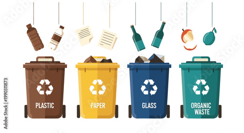 Several colored recycling bins used for sorting various types of household waste into separate disposal containers effectively