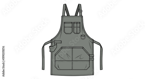 Illustration of a dark gray apron with multiple pockets, featuring adjustable straps and detailed stitching, isolated on a white background