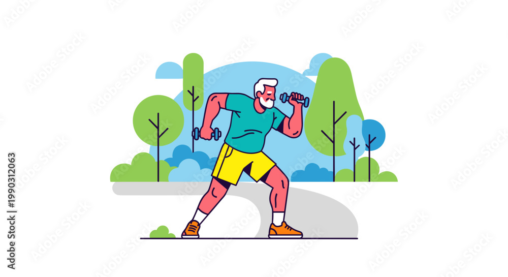 Obraz premium Illustration of an elderly man in vibrant workout attire exercising with dumbbells in a colorful park setting, surrounded by stylized trees under a bright sky