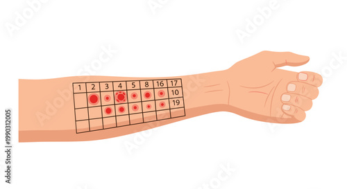 Illustration of a forearm displaying an allergy skin test with a grid and red reactions, isolated on a white background