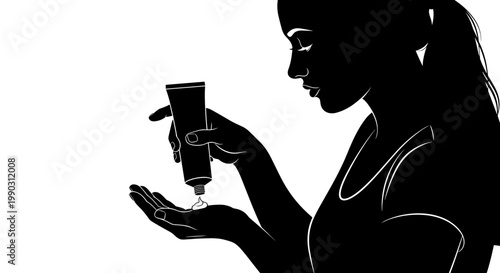 Silhouette of a woman applying hand cream from a tube, black and white minimalist style with a white background