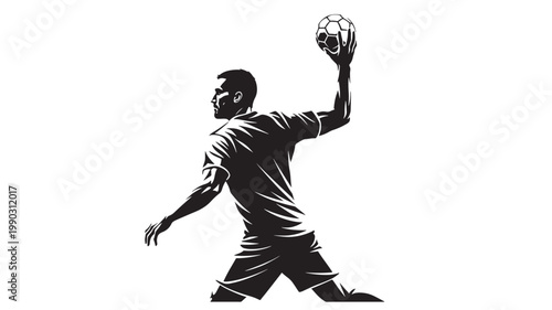 Football player striking a soccer ball with raised arm gesture in bold black silhouette vector style
