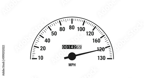 Minimalist black and white car dashboard speedometer displaying a high speed of one hundred twenty miles per hour with odometer.