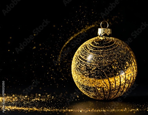 A shiny gold Christmas ornament surrounded by glitter