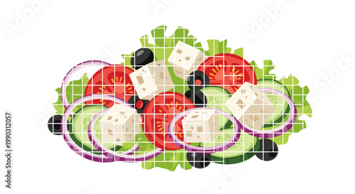 Vibrant illustration of a Greek salad featuring fresh olives, tomatoes, cucumbers, red onion slices, and feta cubes on a white background