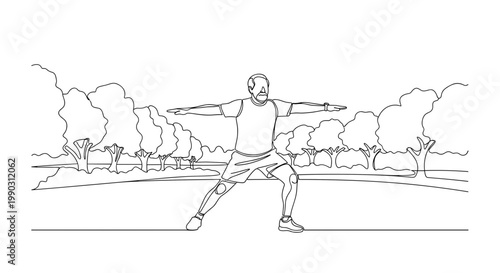 Line art of an elderly man doing a workout in a park, stretching with arms outstretched, surrounded by trees and a serene outdoor setting
