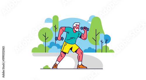 Illustration of an elderly man in vibrant workout attire exercising with dumbbells in a colorful park setting, surrounded by stylized trees under a bright sky