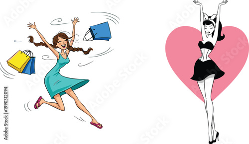 Set of Feminine Graphic Illustrations Featuring a Professional Opera Singer Silhouette and Playful Cartoon Women for Music, Shopping, and Lifestyle Marketing Designs