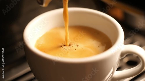 A rich stream of freshly brewed espresso cascades into a pristine white ceramic cup, promising a delightful aromatic start to the day and a comforting moment of warmth