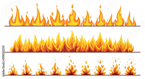 Vibrant cartoon fire flames and burning effects in a versatile flat vector design style.