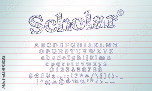 Scholar Hand-Drawn Serif Sketch Font Text Effect on Lined Paper – Full Alphabet, Numbers & Symbols