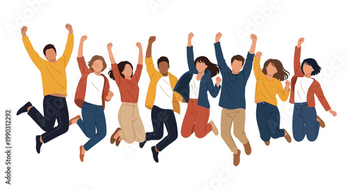 Diverse group of happy young people jumping with arms raised in excitement celebrating a major successful achievement