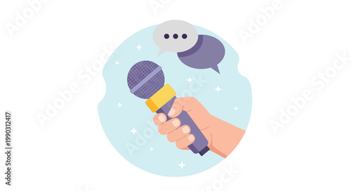 Hand holding a microphone illustrating communication, interview, or public speaking with speech bubbles expressing a message