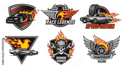 Collection of six racing car emblems with flames and skulls.