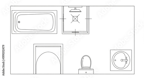 Architectural drawing of a modern bathroom layout plan.