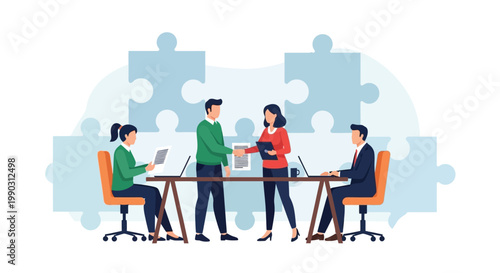 Business professionals shaking hands in a meeting, symbolizing partnership and agreement amidst a collaborative environment.