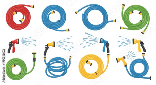 Colorful coiled garden hoses with attached spray nozzles actively dispensing water for various outdoor activities.