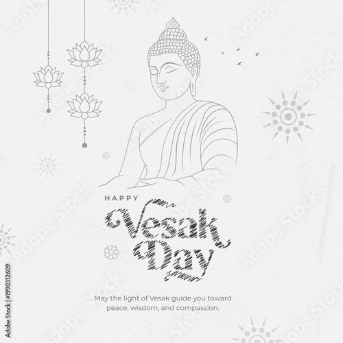 Happy Vesak Day Greeting Card With Buddha Line Art