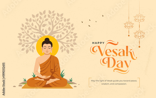 Happy Vesak Day Greeting With Meditating Buddha