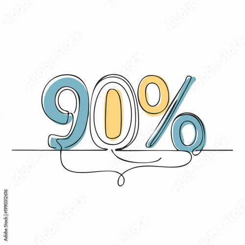90 percent off discount banner drawn in continuous one line art style. Minimalist hand-drawn vector illustration for holiday season sale, special offer, promo campaign
