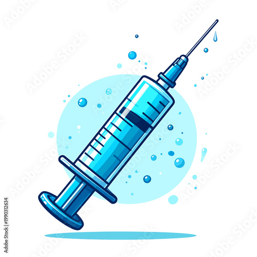 Illustration of a blue syringe with a drop of liquid falling from its needle, surrounded by bubbles, symbolizing medical treatment and vaccination