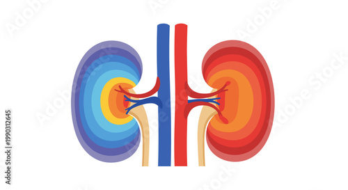 Colorful anatomical illustration of kidneys highlighting pain areas with vibrant gradients on a white background