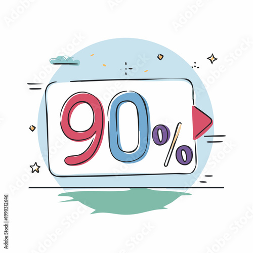 90 percent off discount banner drawn in continuous one line art style. Minimalist hand-drawn vector illustration for holiday season sale, special offer, promo campaign