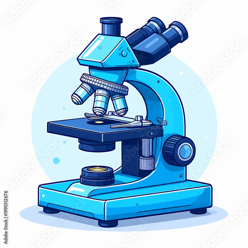 A vibrant blue laboratory microscope, a powerful tool for scientific discovery and microscopic observation, detailed illustration of a scientific instrument