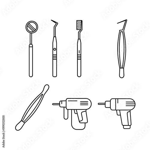 Dental tools illustration set mirror probe brush forceps drill