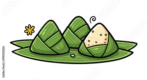 Illustration of rice dumplings wrapped in green leaves with a decorative flower on white background, leaf